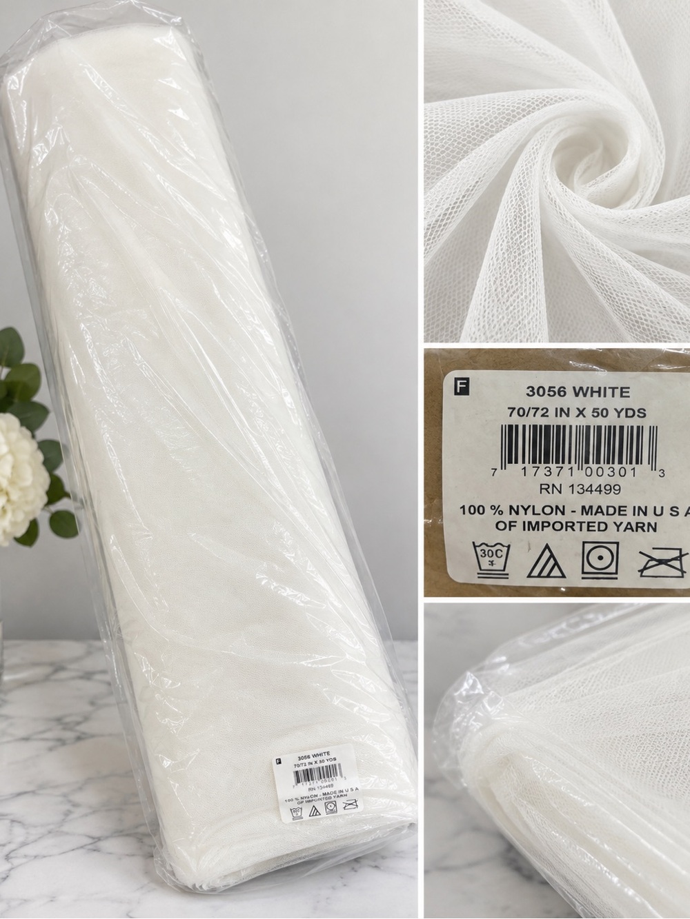White Nylon Tulle Fabric 70/72” Wide 50 Yard Bolt 3056 Made in USA
